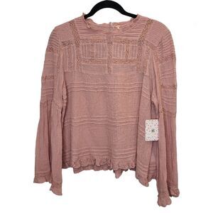 NWT Free People Olivia Peony Bohemian Eyelet Lace Top Bell Long Sleeve Blouse M